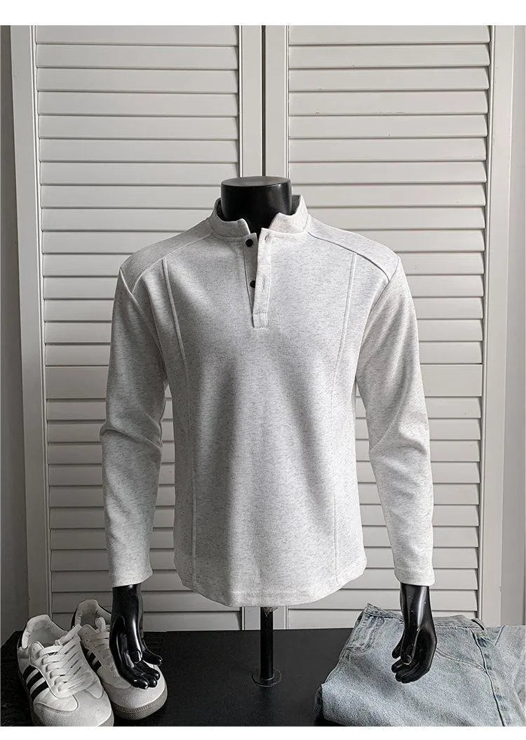 Men's patchwork stand-up collar cotton sweater shirt with asymmetric design in loose fit