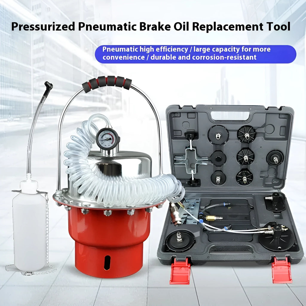 Steel pneumatic brake fluid replacement machine with 10 litre tank, pressure gauge and regulator controls