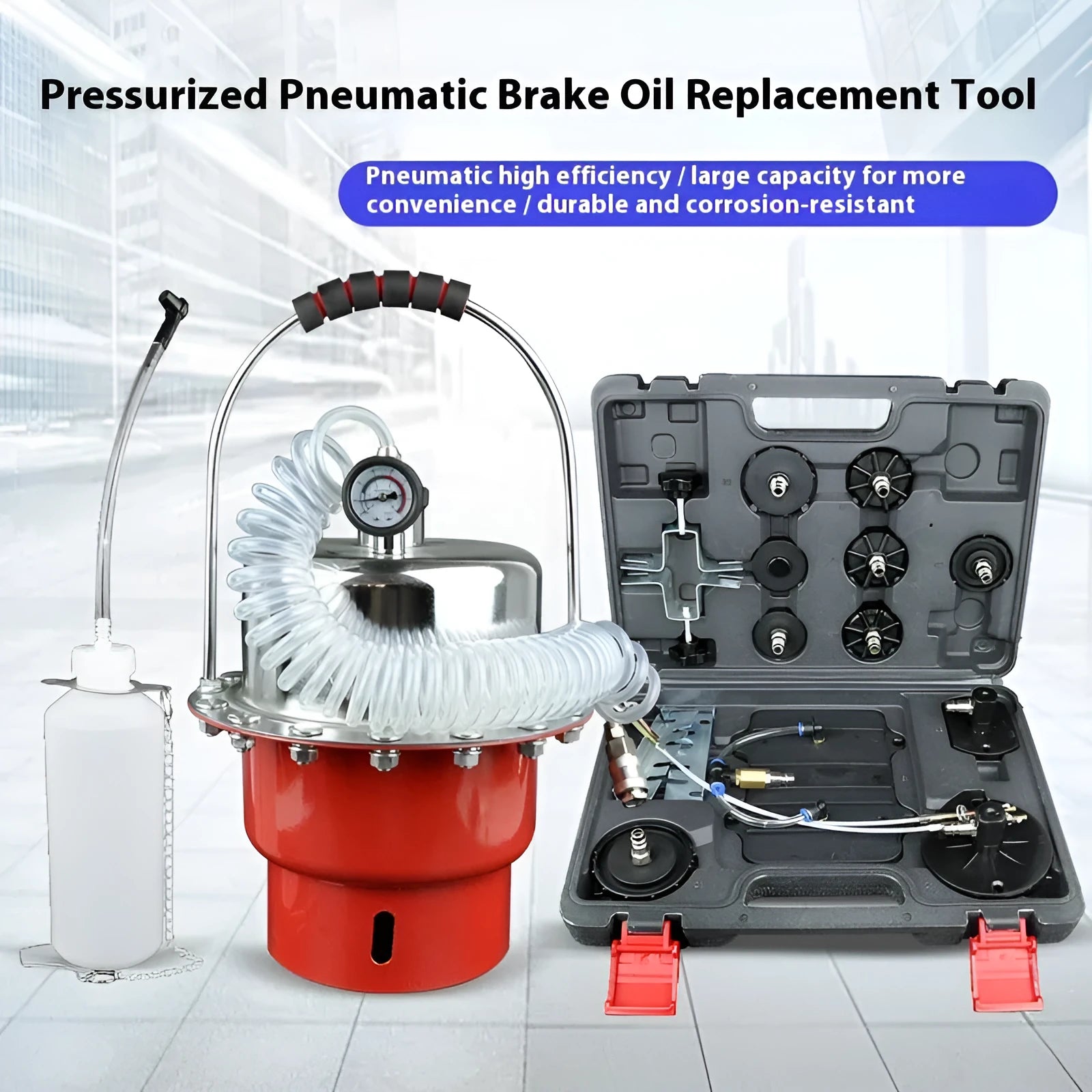 Steel pneumatic brake fluid replacement machine with 10 litre tank, pressure gauge and regulator controls