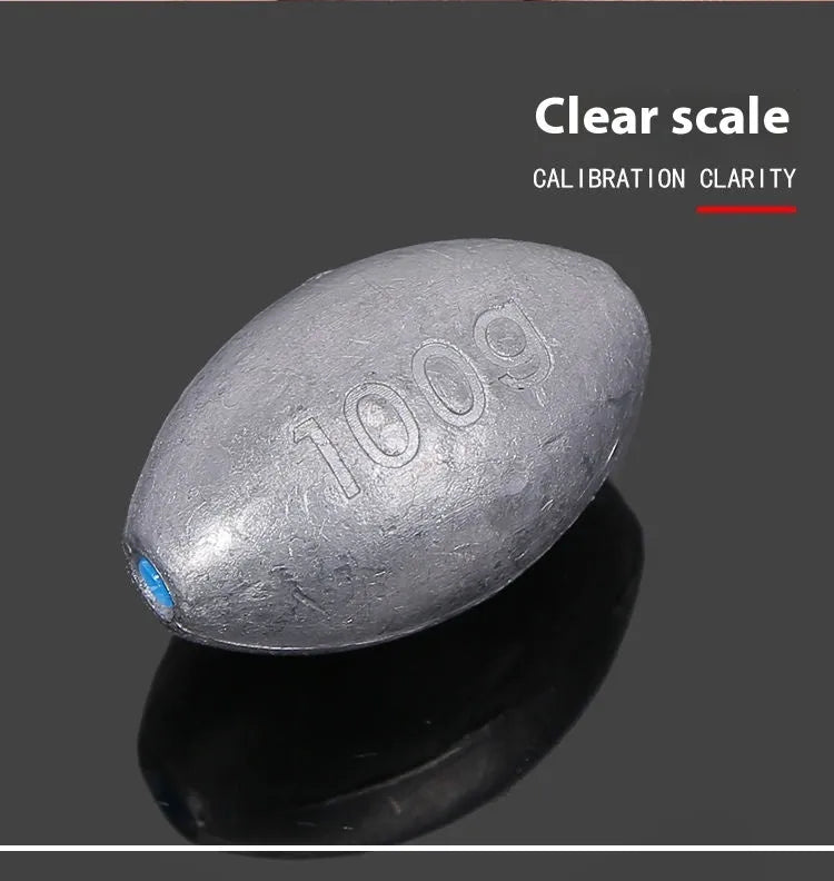 Rugby-shaped olive lead fishing sinker with plastic core in multiple weight sizes