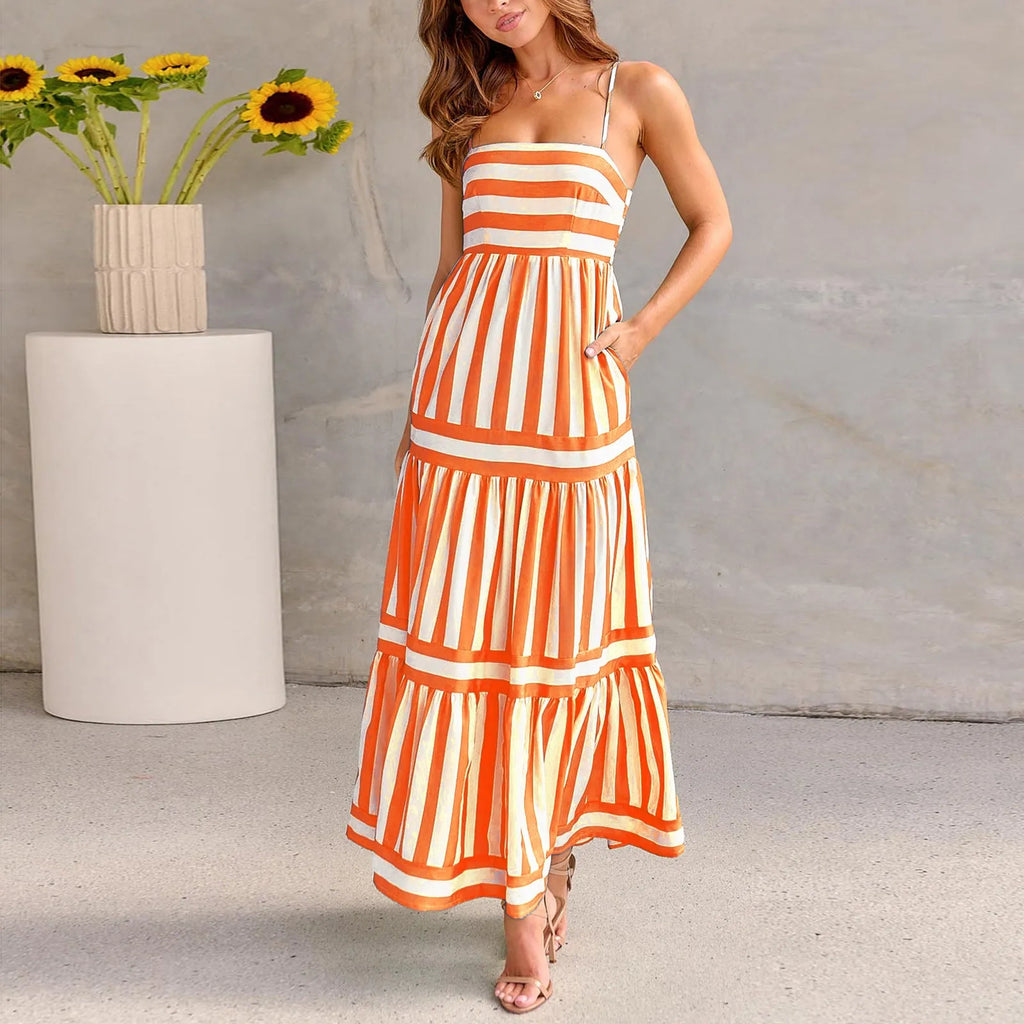 Women's striped backless summer dress with square neck, suspender straps, and side pockets.