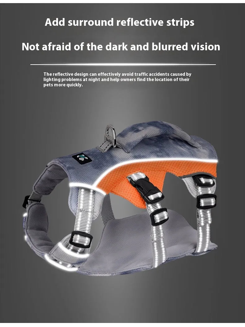 Reflective light blue polyester chest strap harness for a dog on a size chart showing XXS to L.