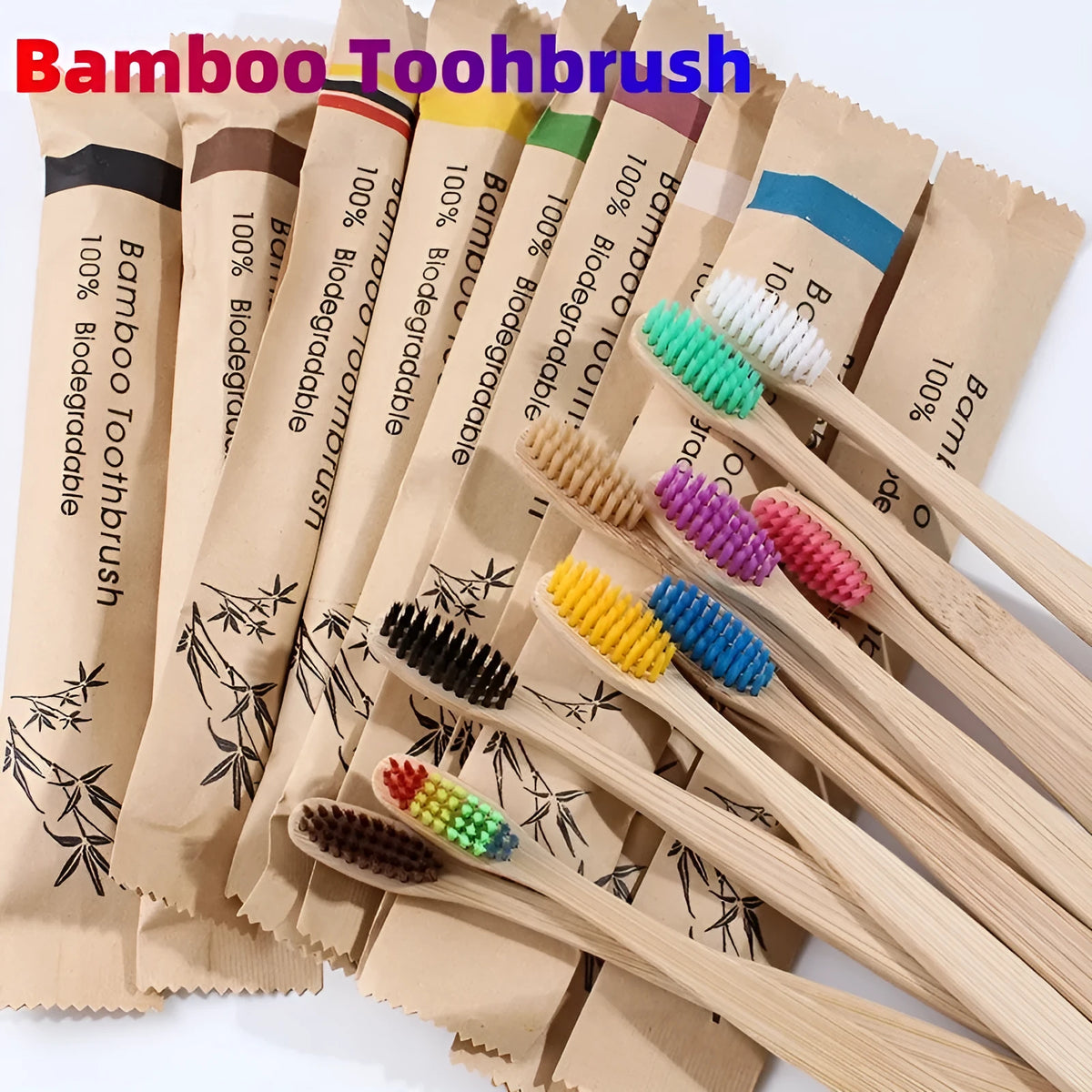 Set of natural bamboo toothbrushes with charcoal bristles in multiple colours