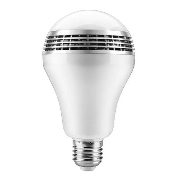 Smart LED E27 bulb with Bluetooth speaker capability showing RGB+W colour output and PC body construction