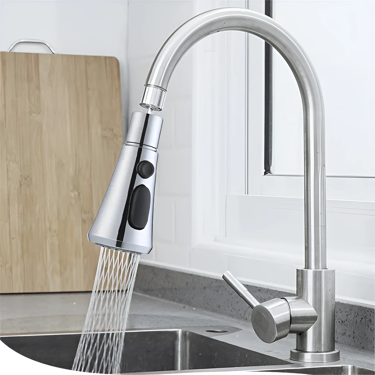 Universal pressurised kitchen faucet sprayer with rotating nozzle in silver finish showing three spray modes