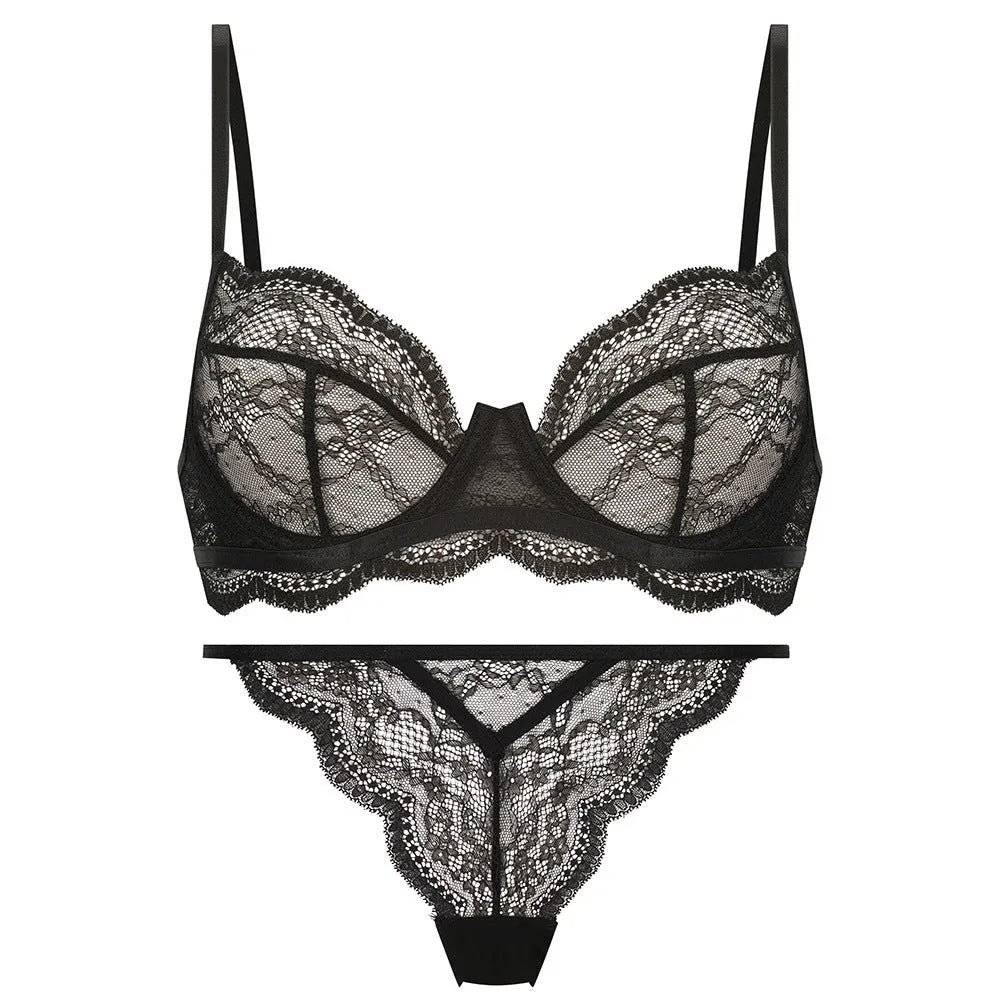 Women's black French bra bikini set with fixed double shoulder straps, made from nylon fabric.