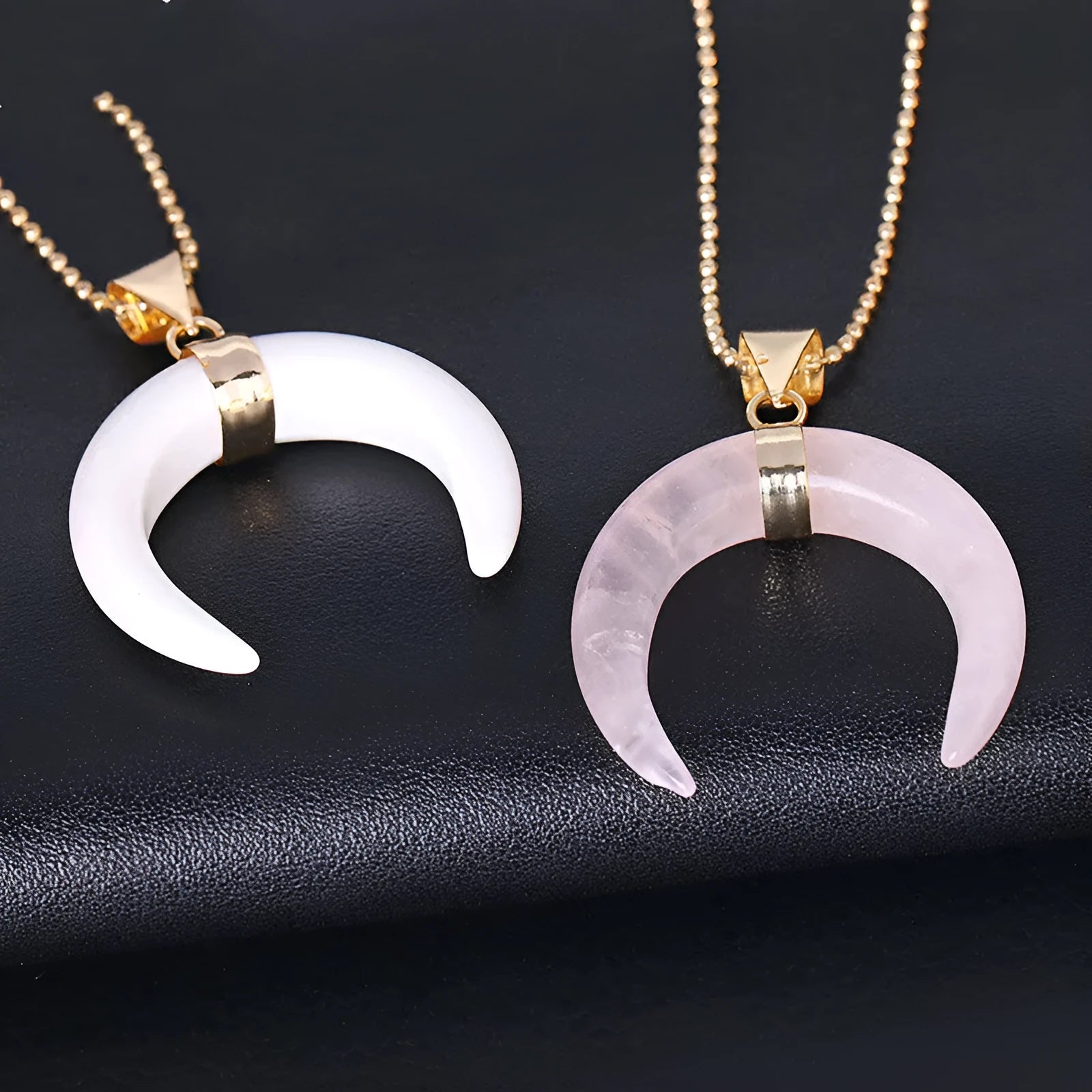Natural stone moon pendant necklace with copper electroplated chain in pink or purple colour options