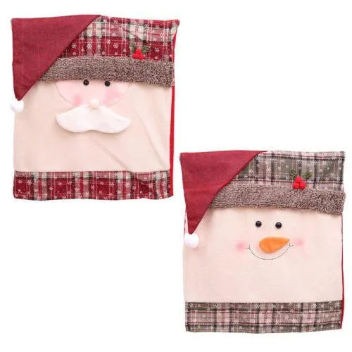 Set of red and white Christmas chair covers featuring Santa Claus, Snowman, and Santa hat designs on dining chairs.
