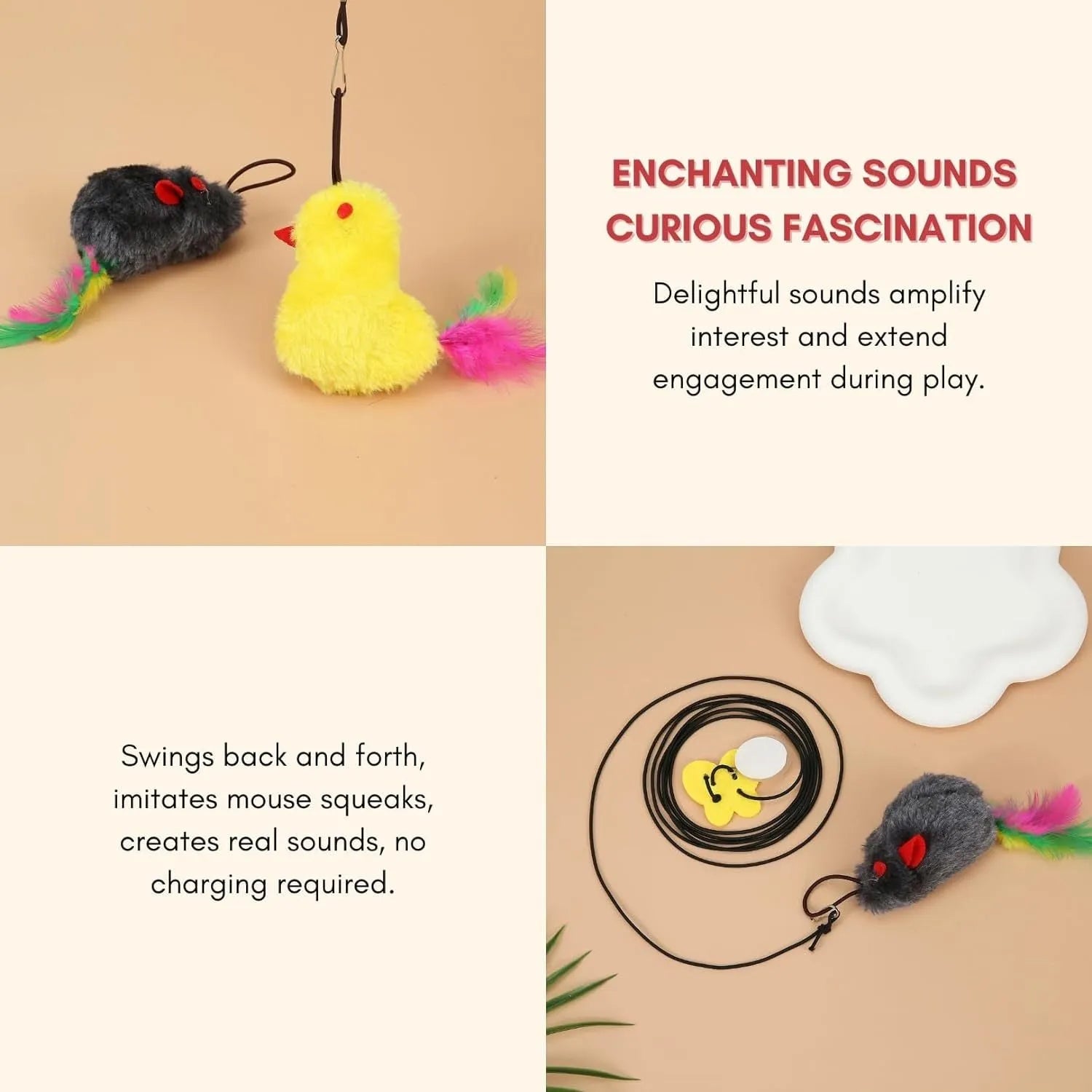 Grey and yellow retractable cat teaser toy hanging on door frame with treat bulb and dangling mouse