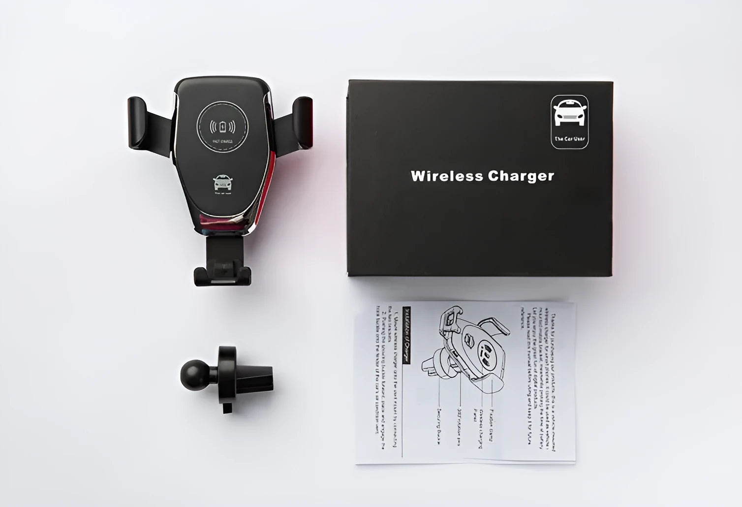 Black wireless car charger with automatic clamp mounted on vehicle vent holding Apple iPhone