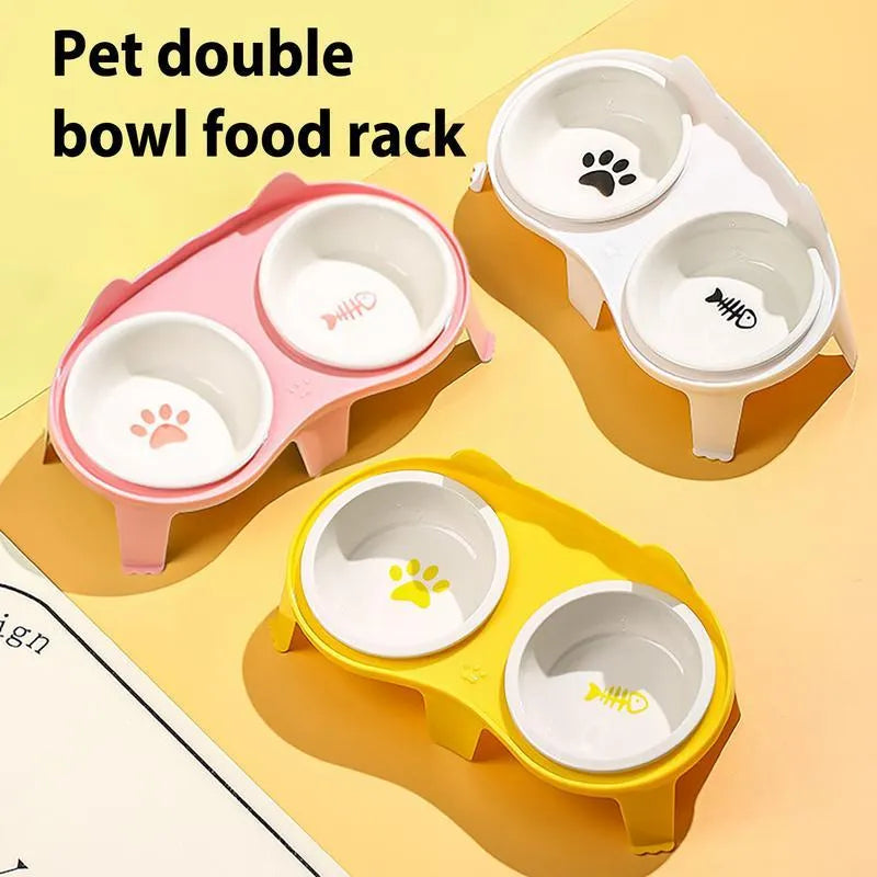 Blue ceramic cat food and water bowl set on a white elevated stand with storage hook