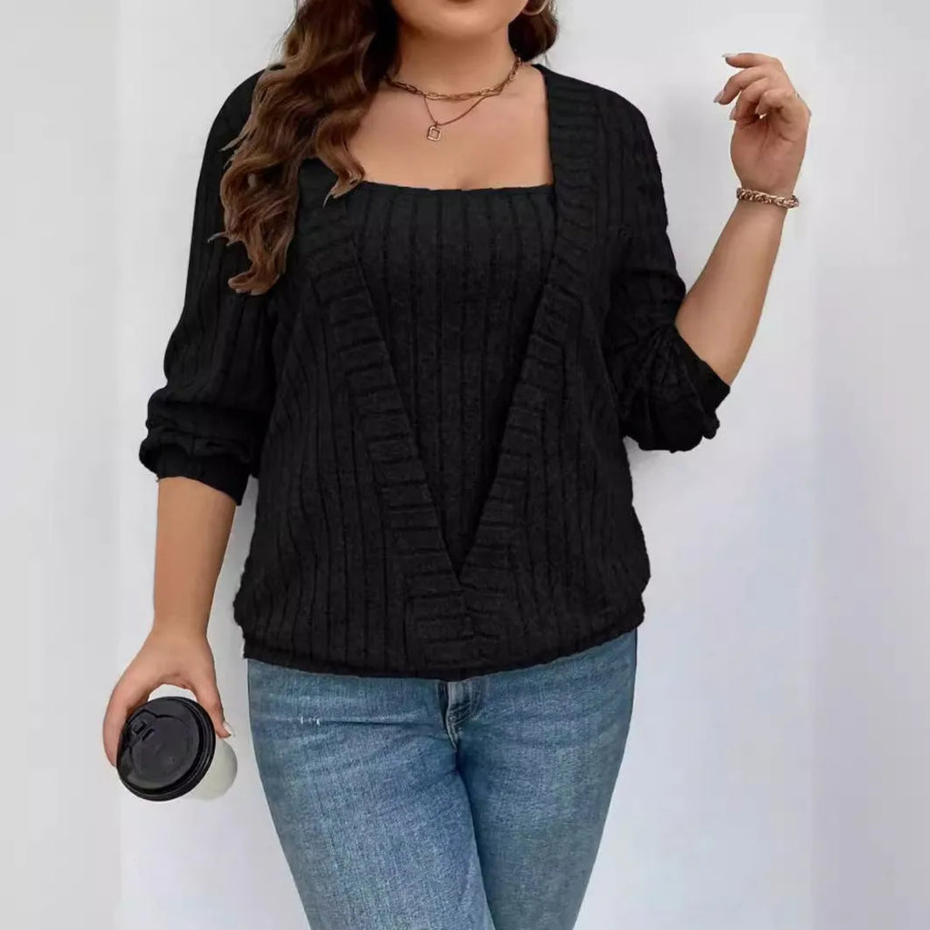 Solid colour rib fabric V-neck false two-piece suit with long sleeves