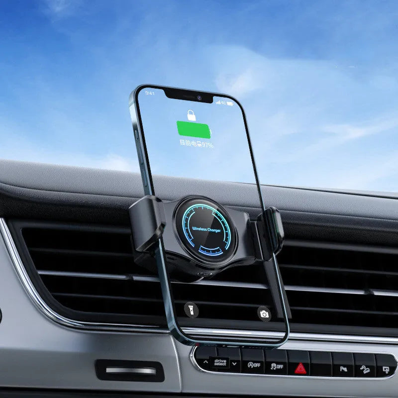 Wireless charging car phone holder, ABS snap-in air vent mount, 120mm x 110mm x 65mm, black silver gold