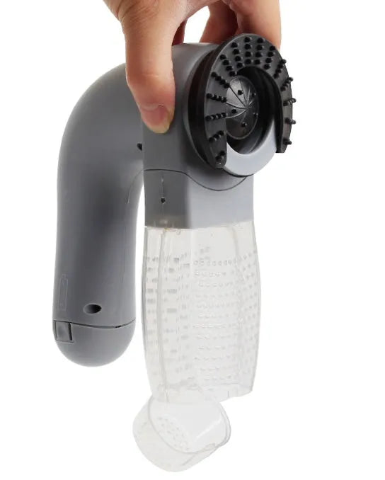 Grey portable pet hair vacuum cleaner with soft rubber head and large collection canister