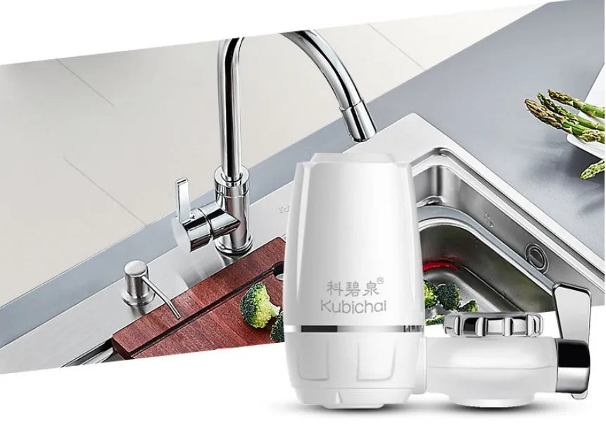 White kitchen tap water filter with switchable faucet head and universal adapter