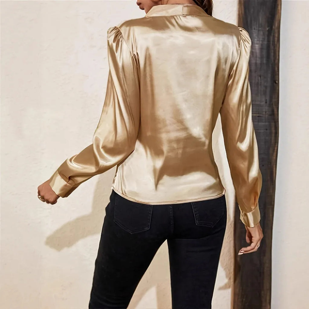 High-grade satin artificial silk long sleeve top with lantern sleeves, loose fit, in champagne, purple or peacock blue