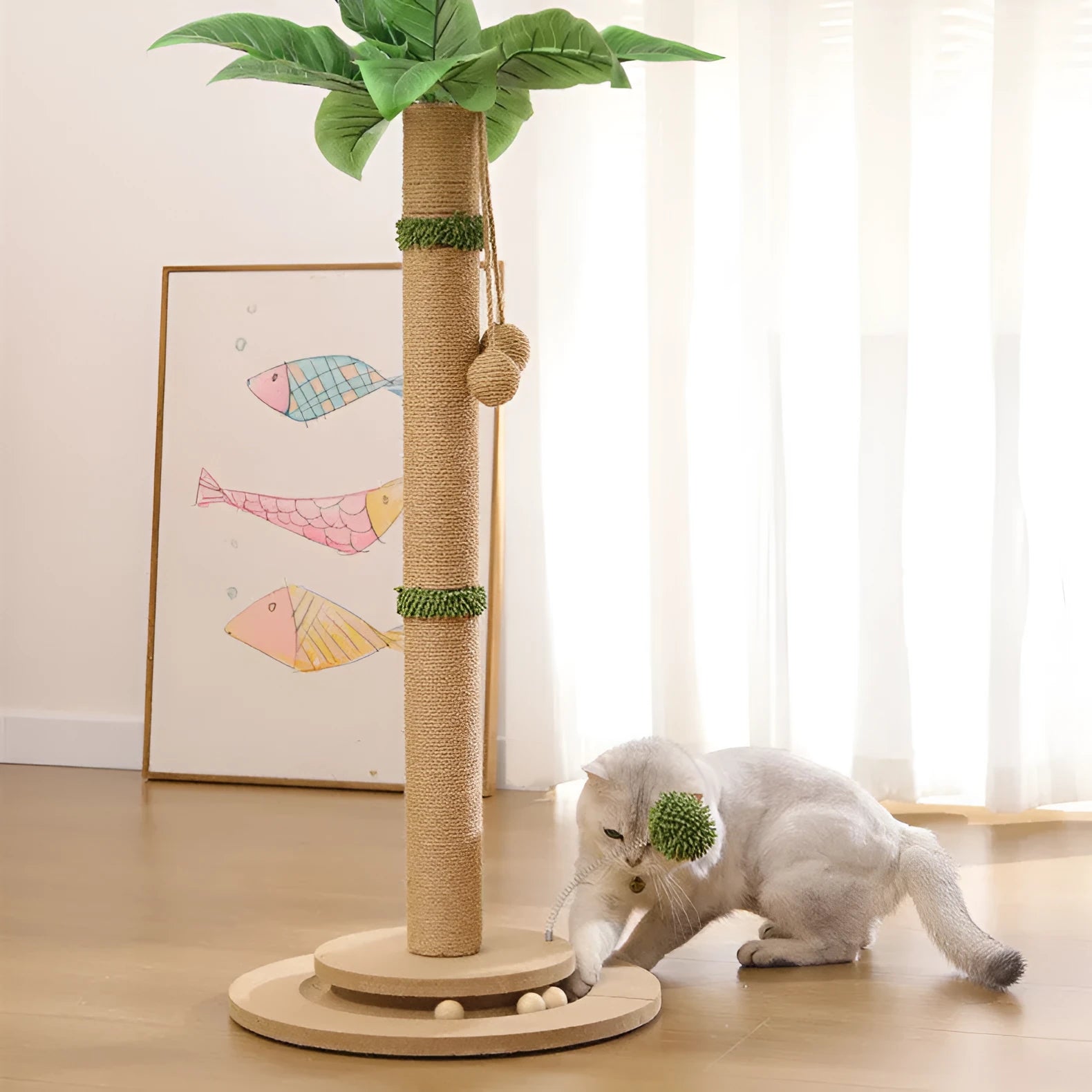 Vertical cat climbing frame with hemp rope scratching posts and natural wood-coloured grab columns