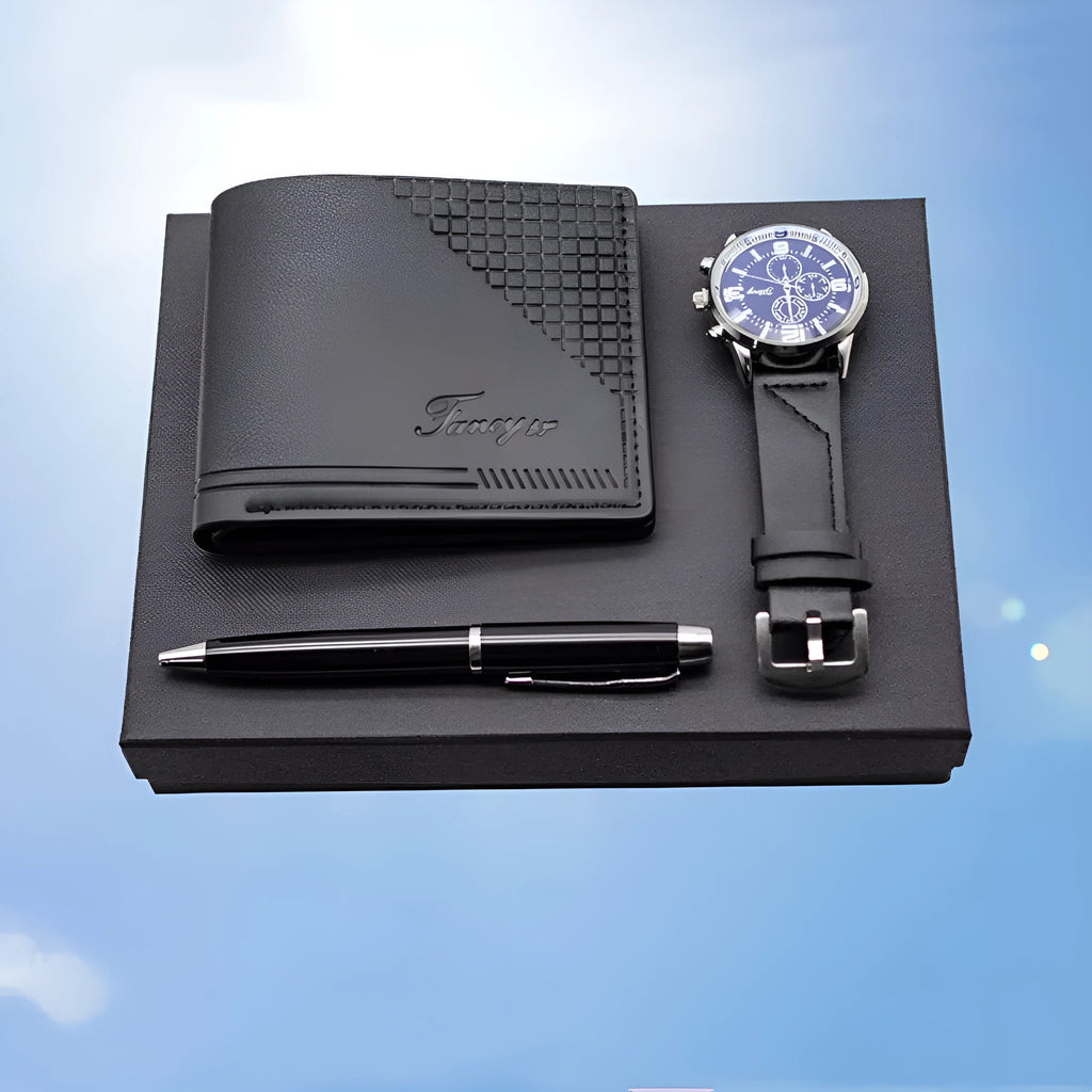 4-piece business gift set containing watch wallet and pen in brown or black gift box