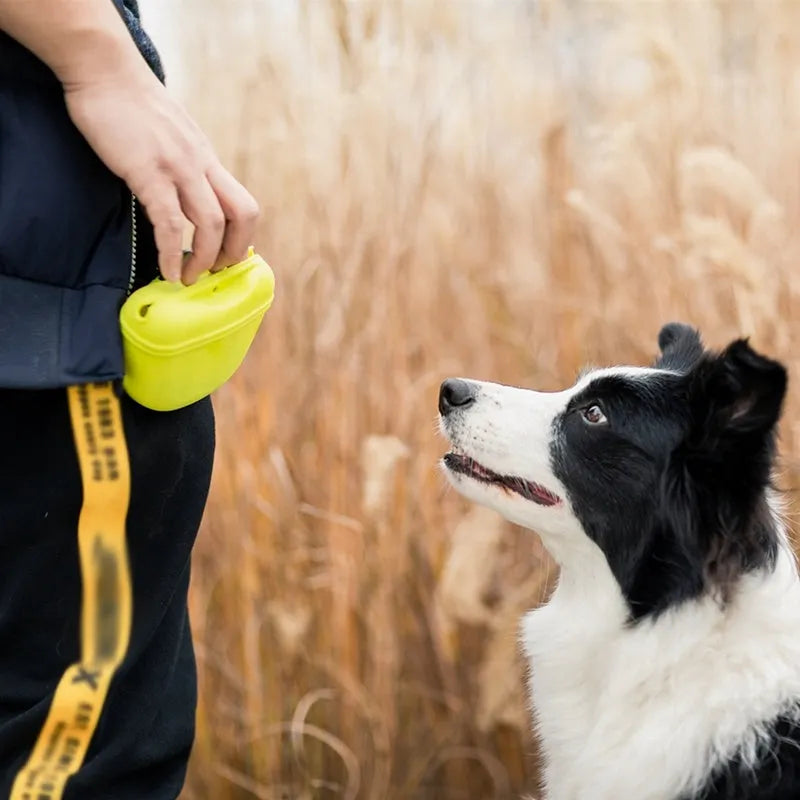 Silicone clip-on dog treat waist bag in colour choice, showing magnetic closure and belt clip.
