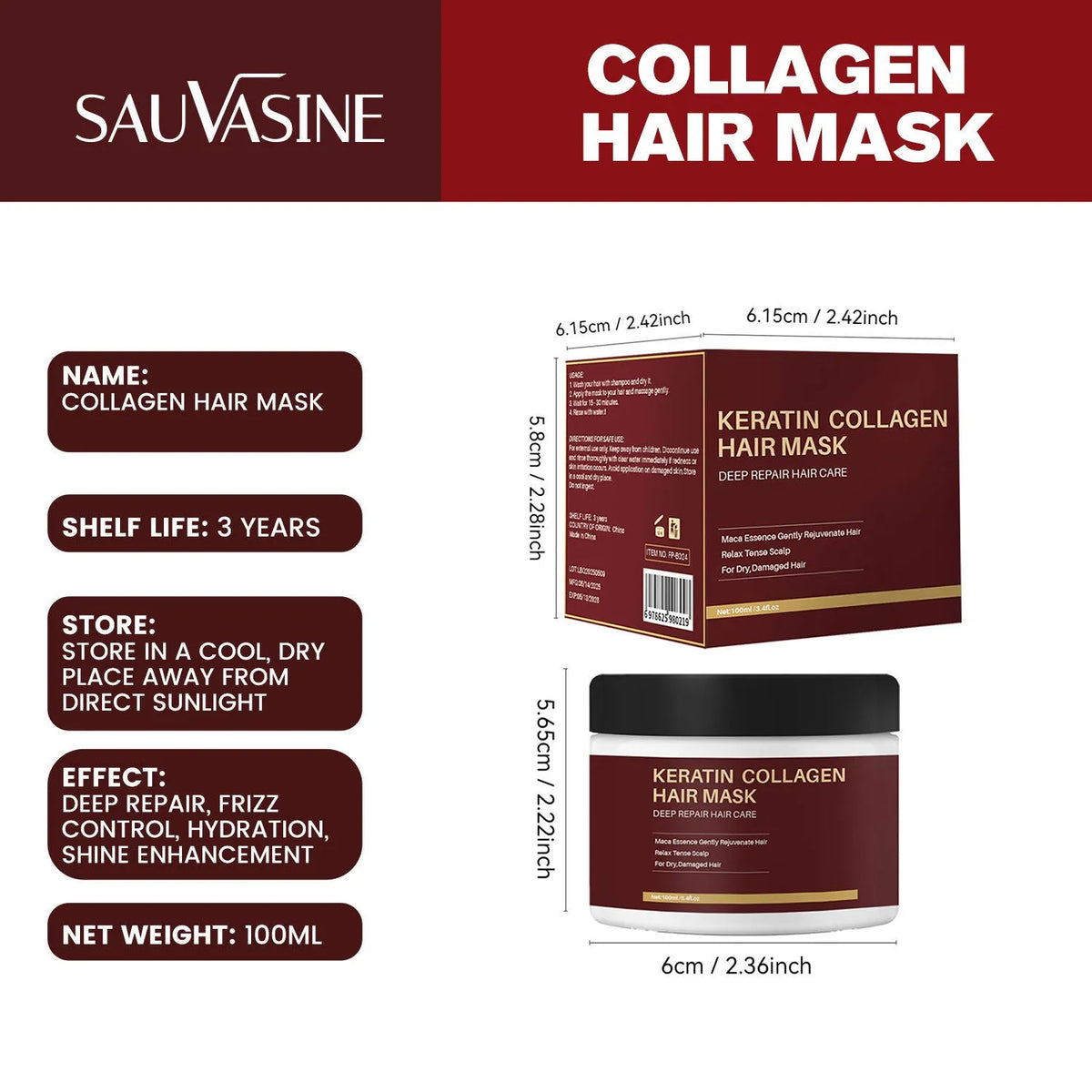 100ml collagen hair mask container for moisturising and repairing dry hair