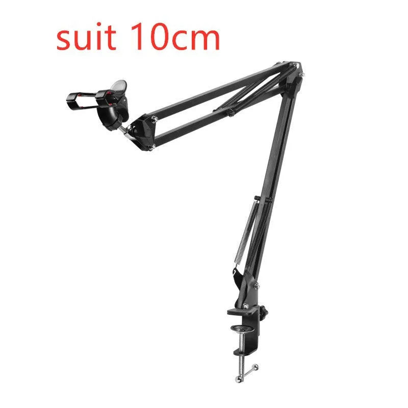 Black adjustable phone tablet stand with 360-degree rotating head on wooden desk