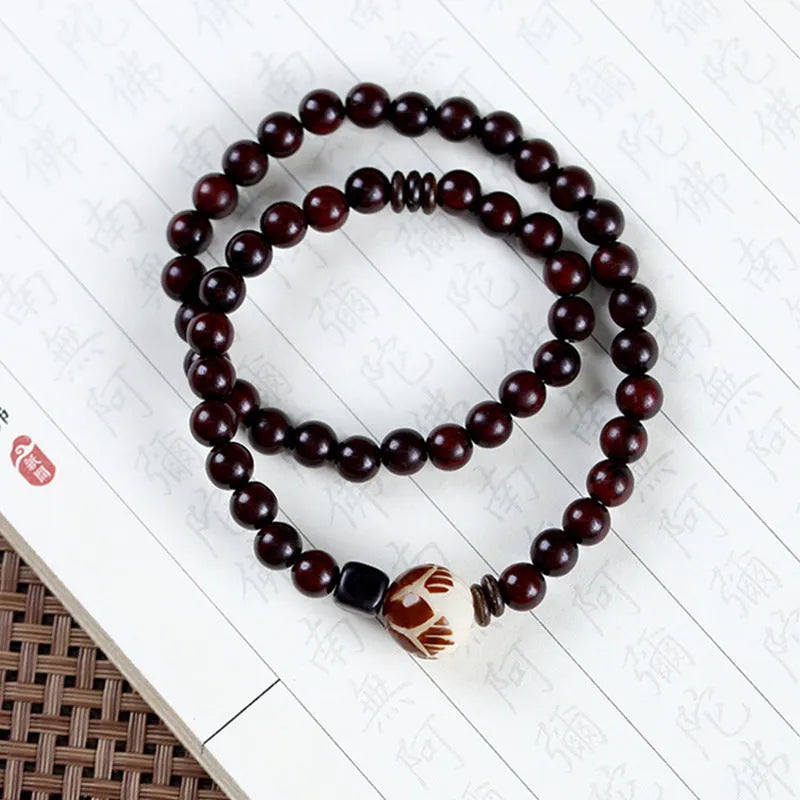 Natural rosewood flower bracelet with 10mm beads and retro design
