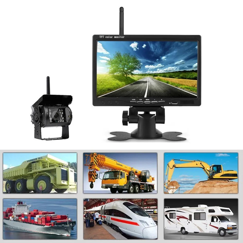 7 inch wireless reversing monitor with four cameras, 16:9 TFT LCD, black plastic housing 175 x 115 x 20 mm
