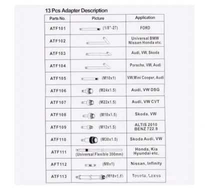 Automatic transmission oil refuelling machine with transmission injector tool and multiple adapters in 13-piece kit