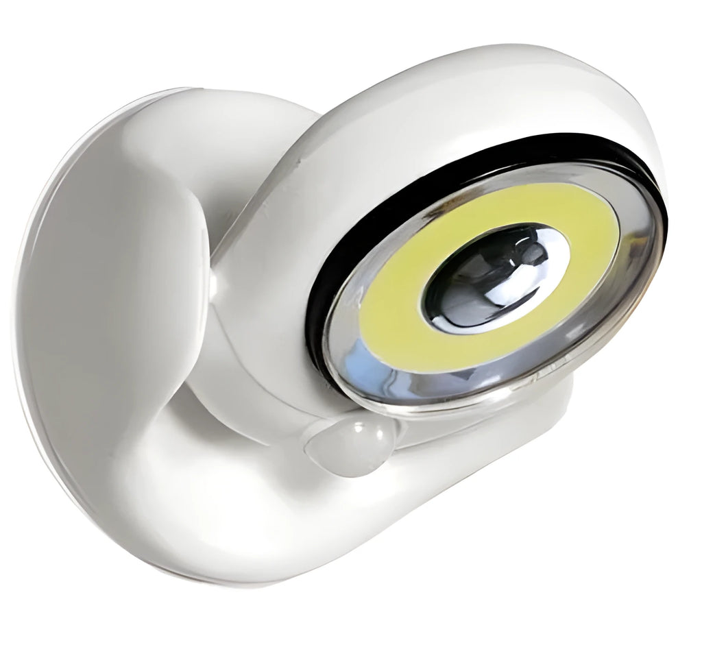 White Atomic Angel induction light unit with ABS plastic housing, showing compact size.