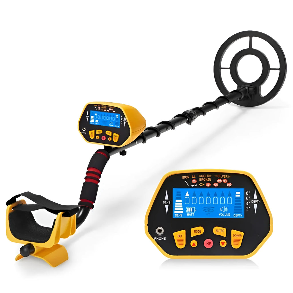 Black and yellow GC1028 professional metal detector with LCD display and waterproof search coil.