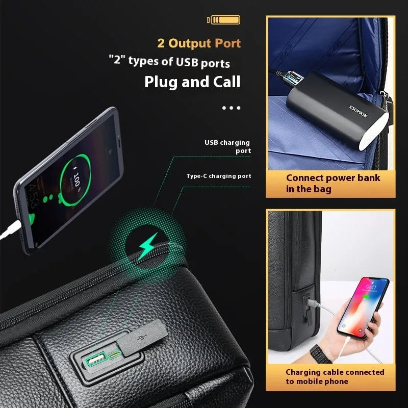 Black genuine leather commuter backpack with USB interface and curved shoulder straps
