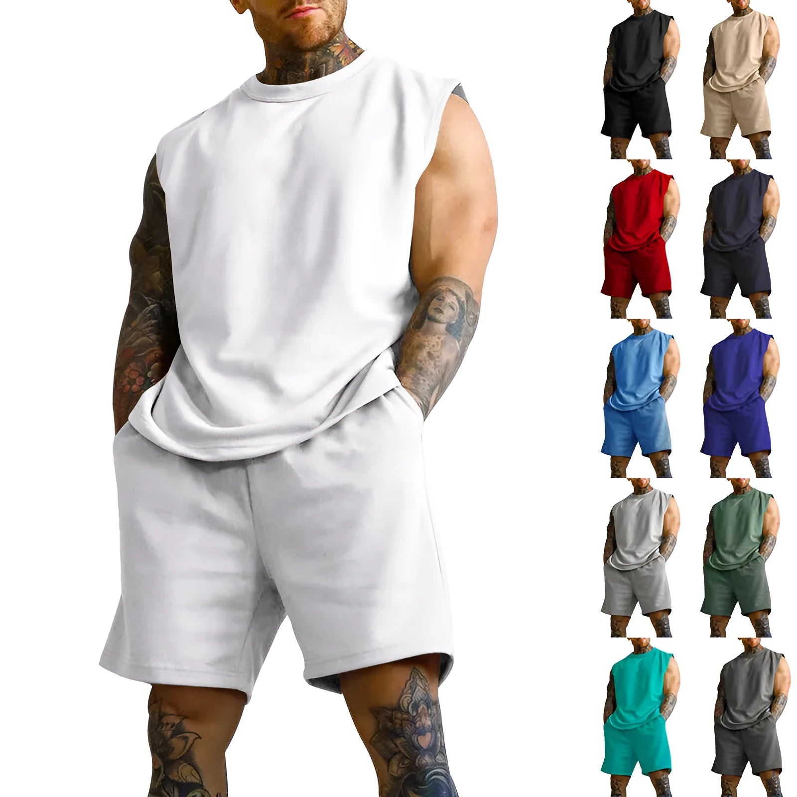 Men's sleeveless cotton-blend top and matching shorts casual sports set in army green
