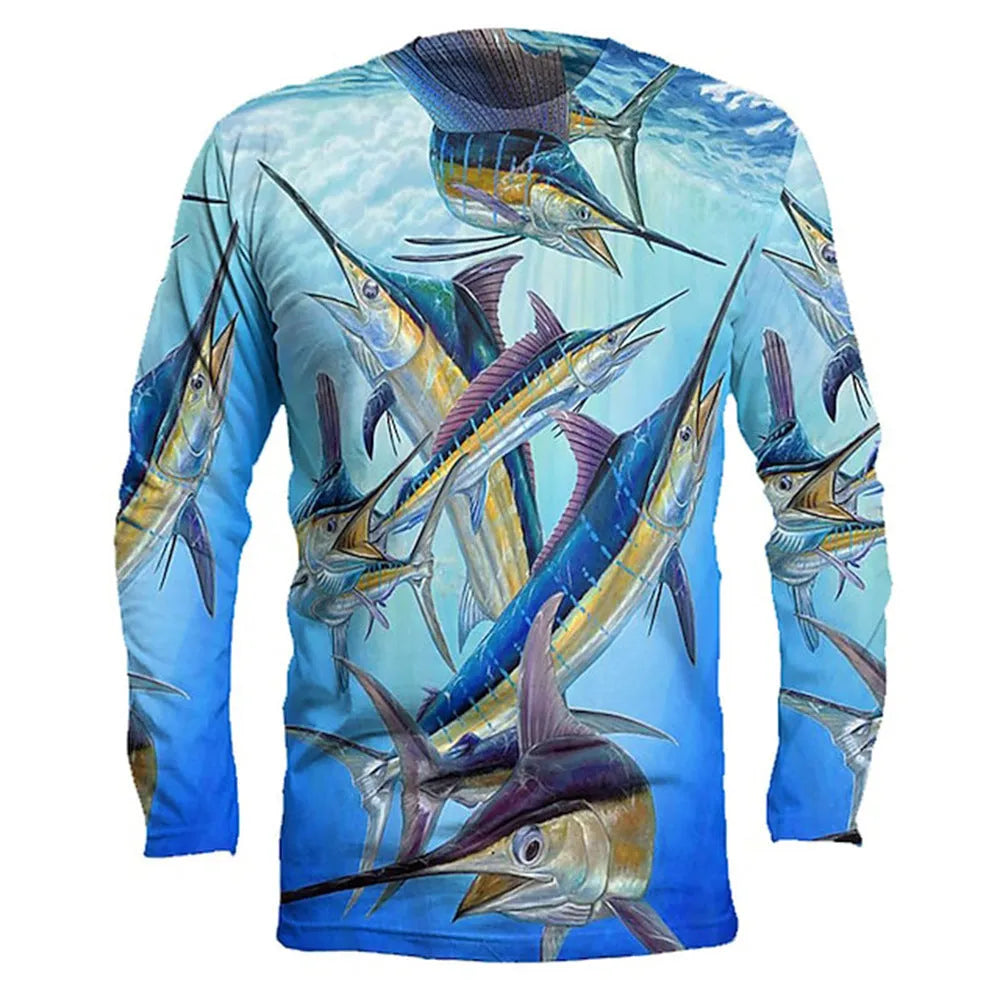 Men's grey milk silk pullover with a blue fish print design on the chest, featuring long sleeves and a round neck.