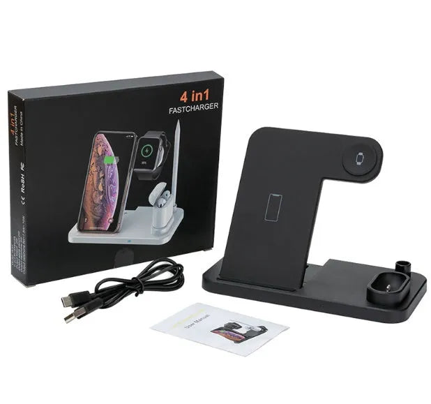 4-in-1 wireless charging station with adjustable magnetic support plate charging multiple devices