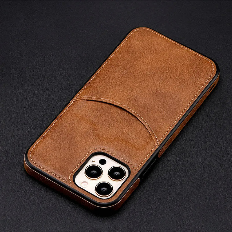 Dark blue PU leather protective case for iPhone models, showing front and back view.