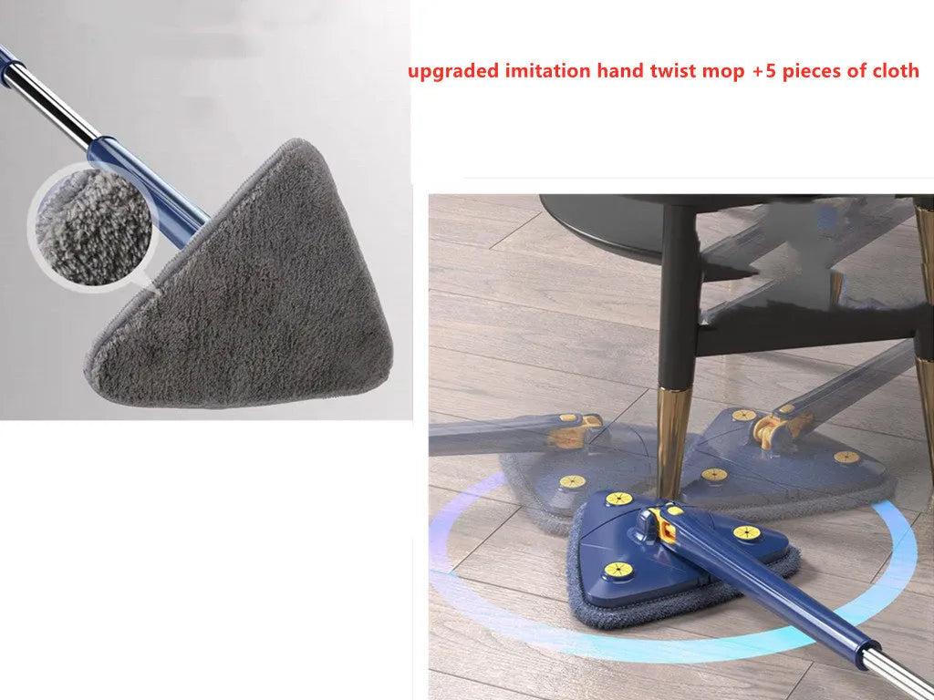 Blue triangle cleaning mop with rotating head and extendable stainless steel pole