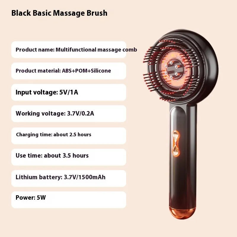 Red and blue light massage hair comb in black plastic with Type-C charging port