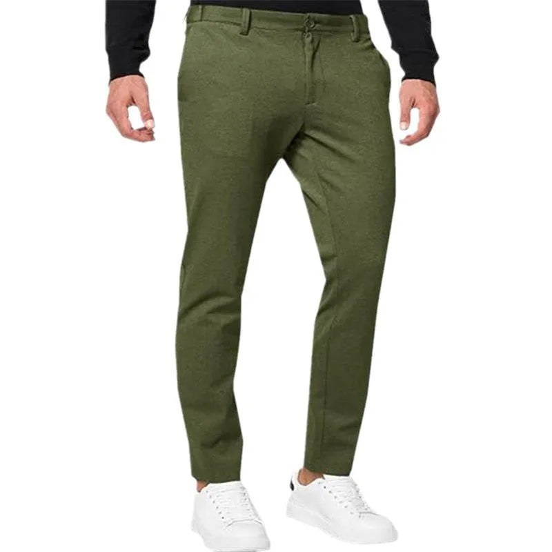 Men's slim-fit chino trousers in tapered style with pleated front, shown in khaki colour
