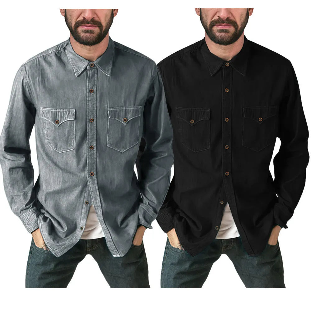 Men's denim cardigan coat in multiple colours showing regular fit design and cotton denim fabric