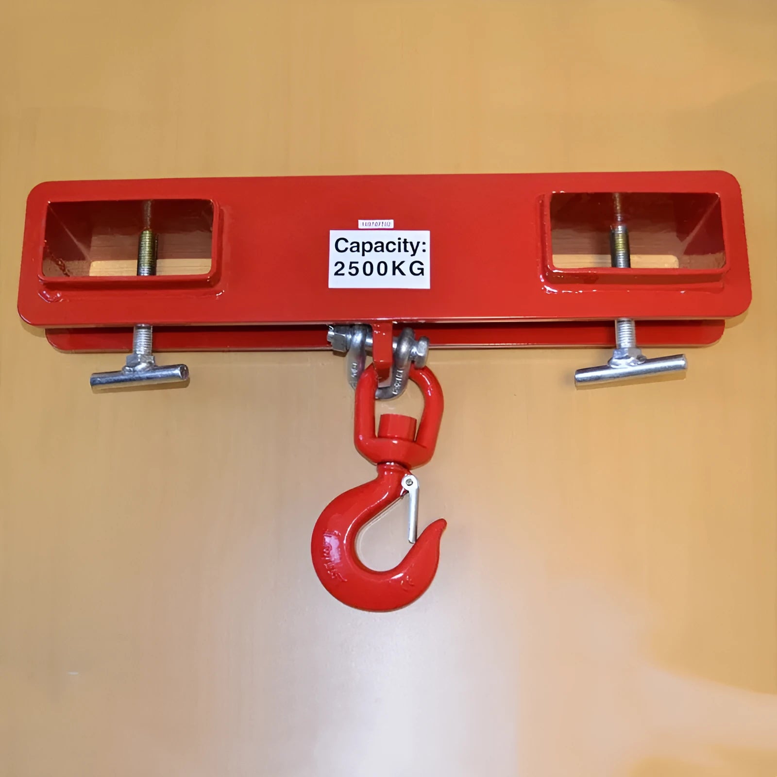 Rotatable iron forklift crane hook with safety lock and locking column, mounted on forklift forks.