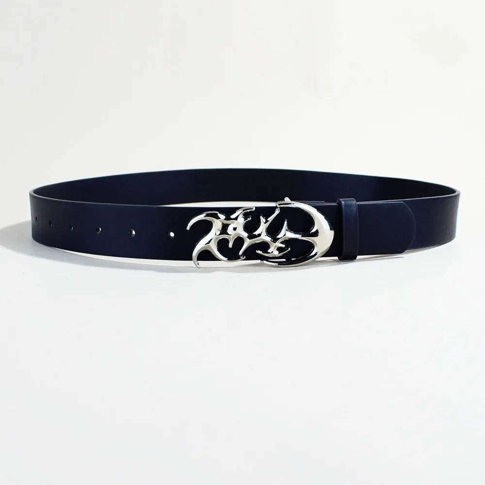 Casual silver buckle belt with PU leather strap showing snap button closure.
