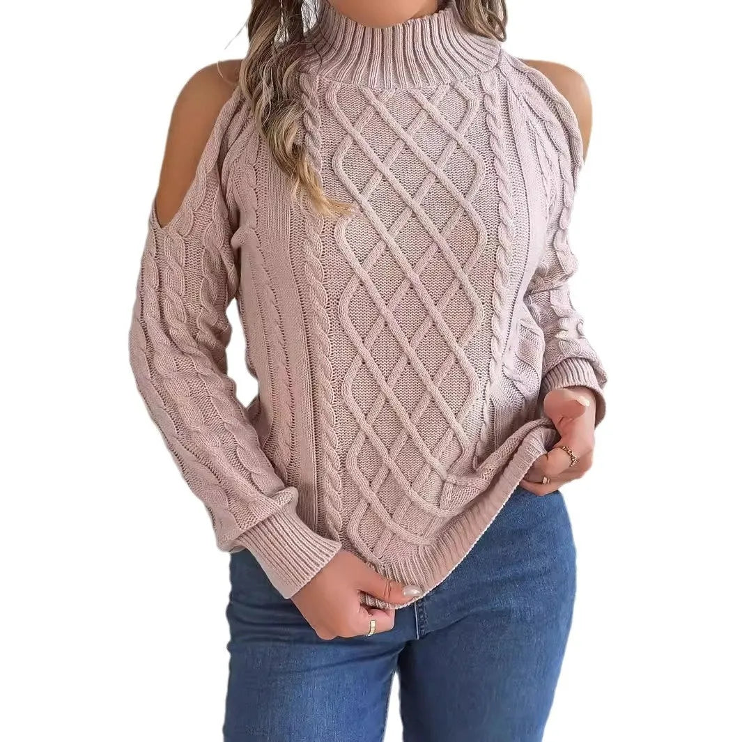 Women's gray strapless acrylic sweater with twisted pattern, half-high collar, and long lantern sleeves.