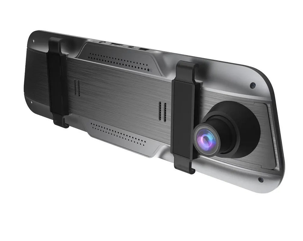 Black rearview mirror dash cam with 10-inch touchscreen display showing road recording