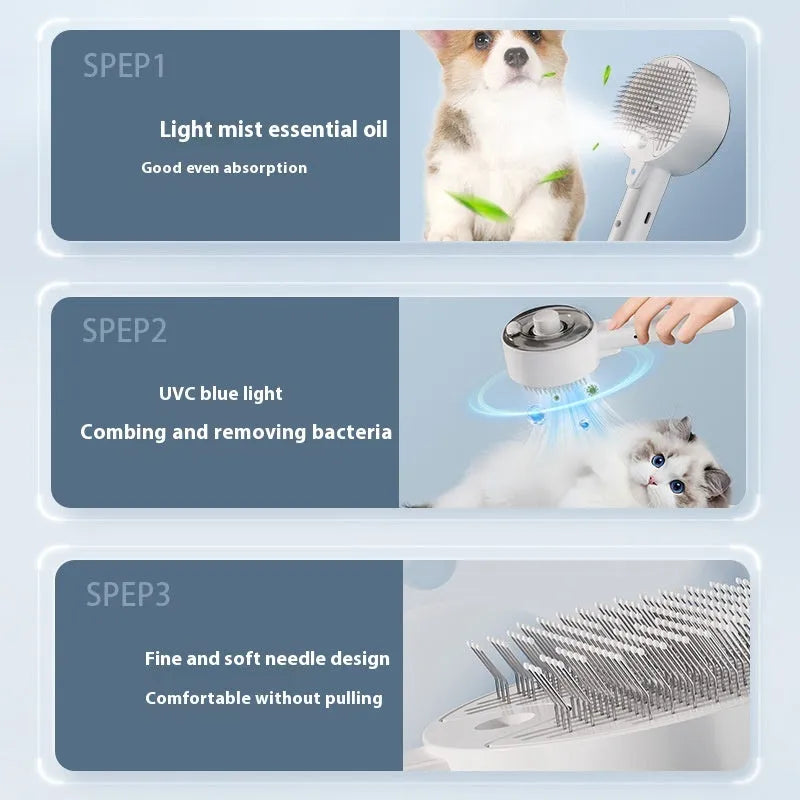 Ceramic white pet grooming brush with spray mist function and UV sterilisation light