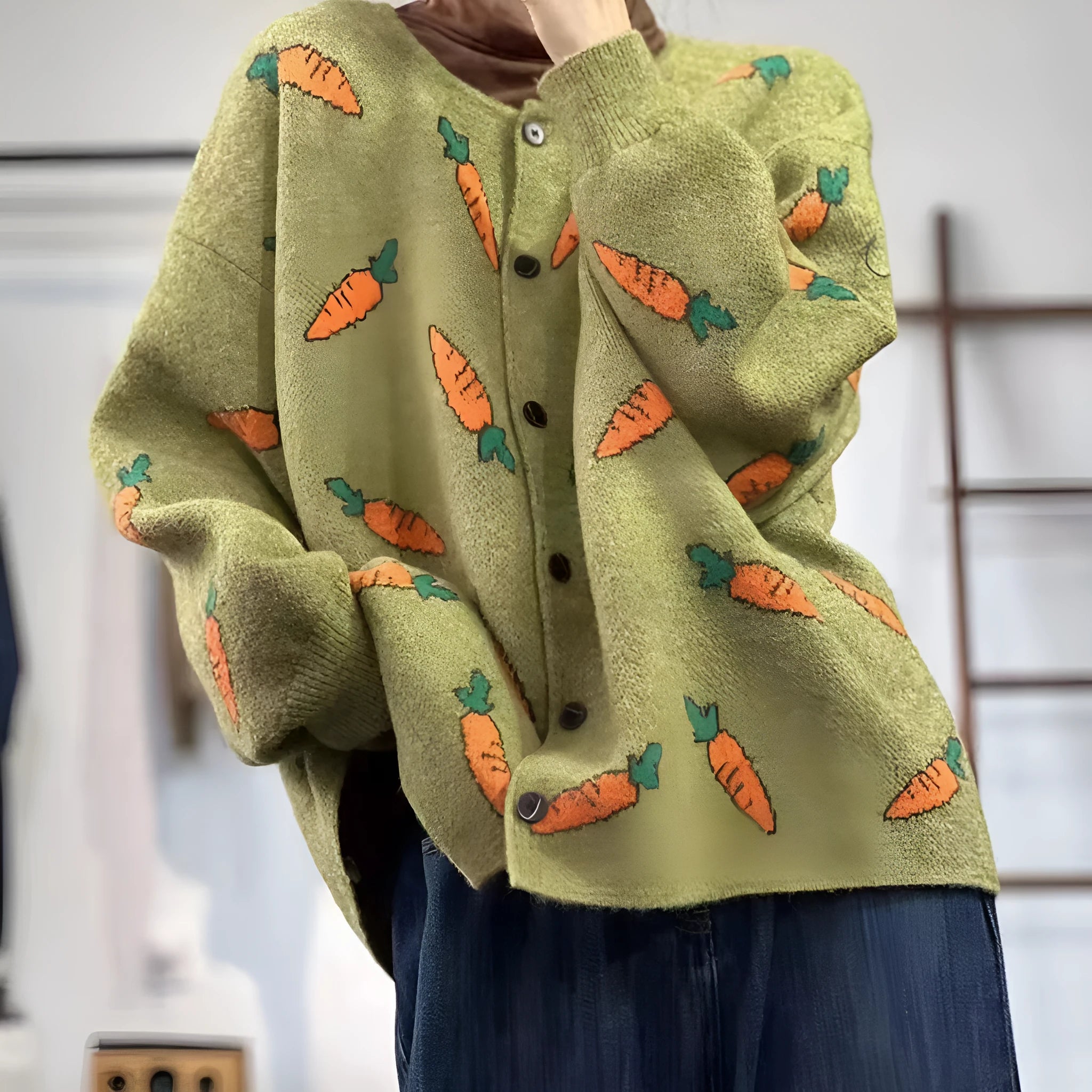 Womens loose fit cardigan with Mori artistic printing colour contrast design