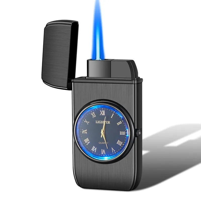Personalized electronic watch lighter with LED lamp in metal body showing multiple functions