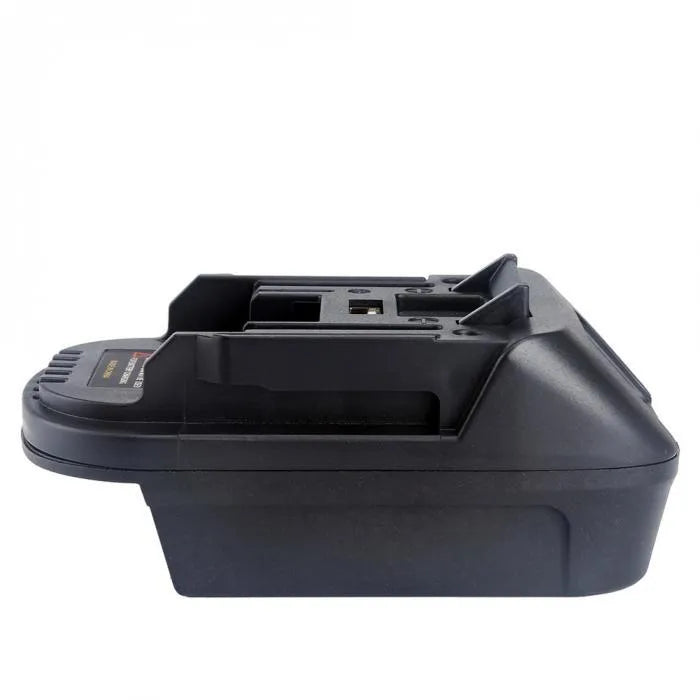 Black battery adapter converting Milwaukee DM18M to Makita H99F power tool batteries