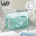 Double layer zippered pencil case in blue with a gift handle, shown next to pens and pencils.