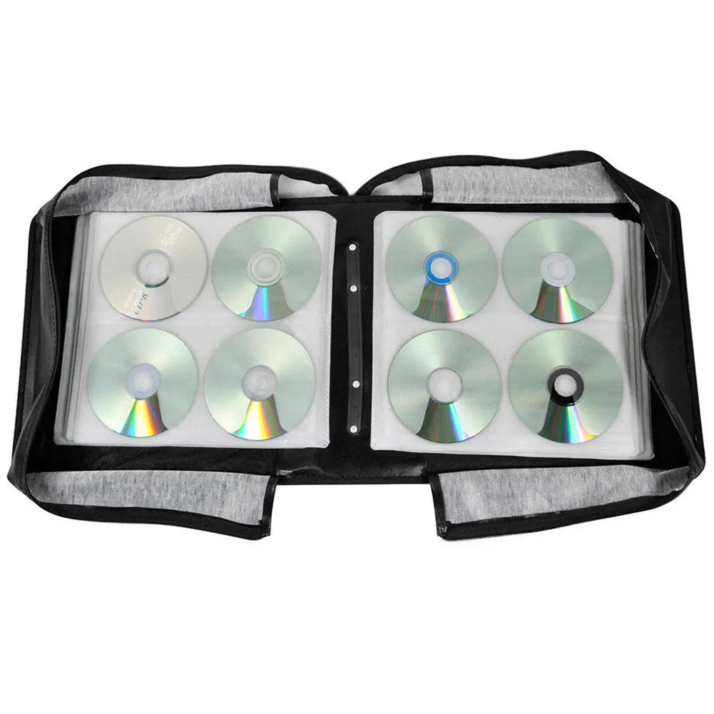 Black Oxford fabric CD storage bag with a hand strap and zipper closure