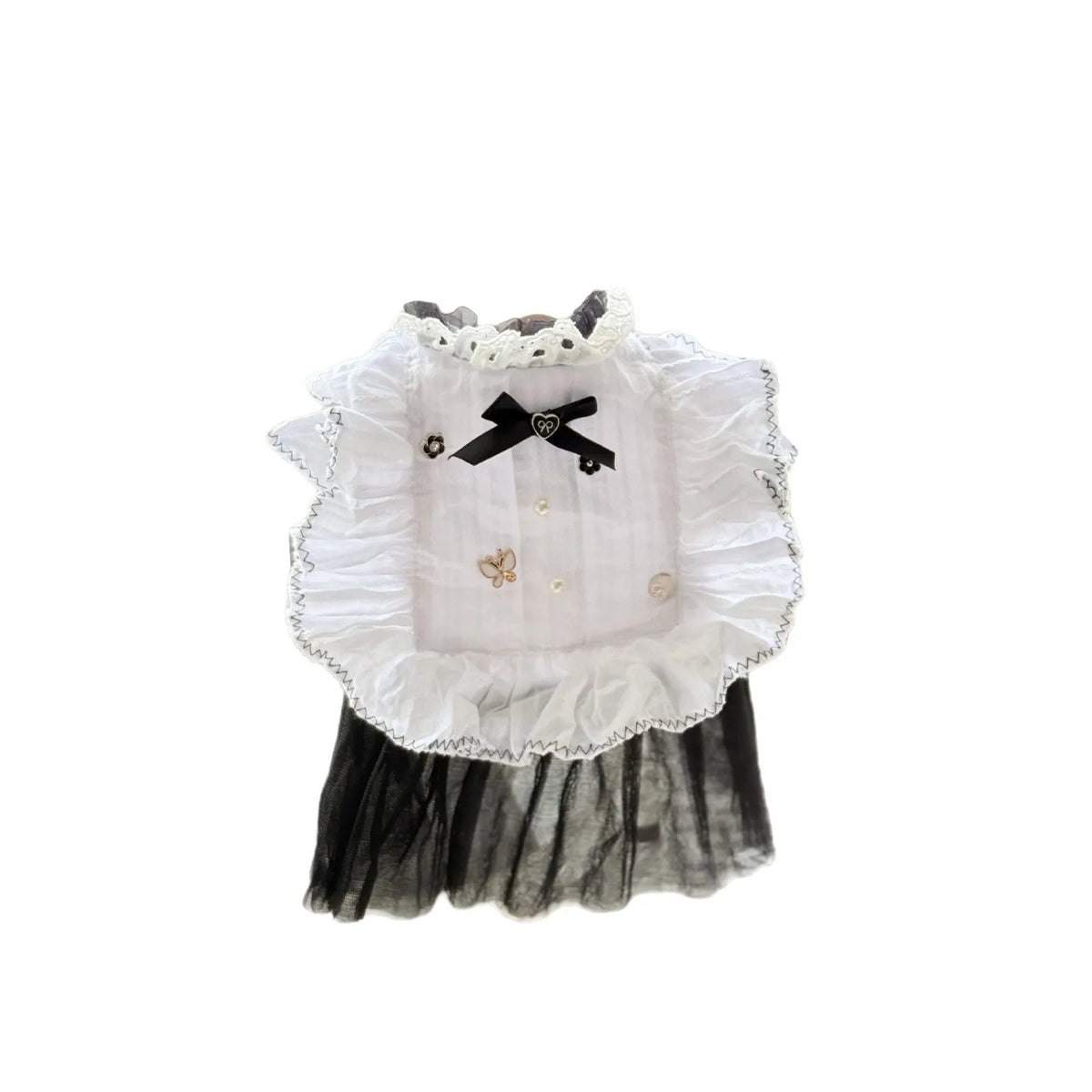White polyester dog dress with a layered gauze skirt, shown on a small dog.